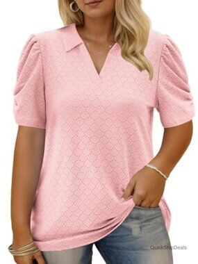 Plus Size Summer Tops Polo V Neck T Shirts Puff Short Sleeve Lapel Collared